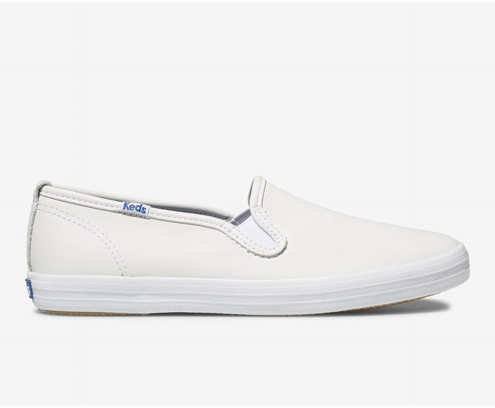 Women's Keds Champion Leather Slip Ons White 8413792VJ - South Africa